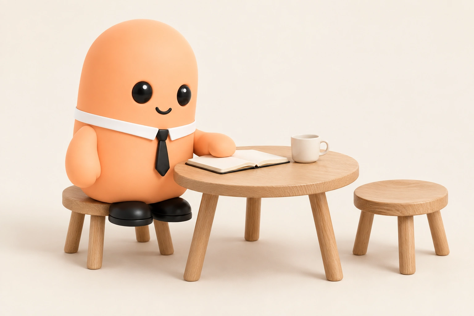 Bob sitting at a table with an open notebook and an empty seat for the conversation.