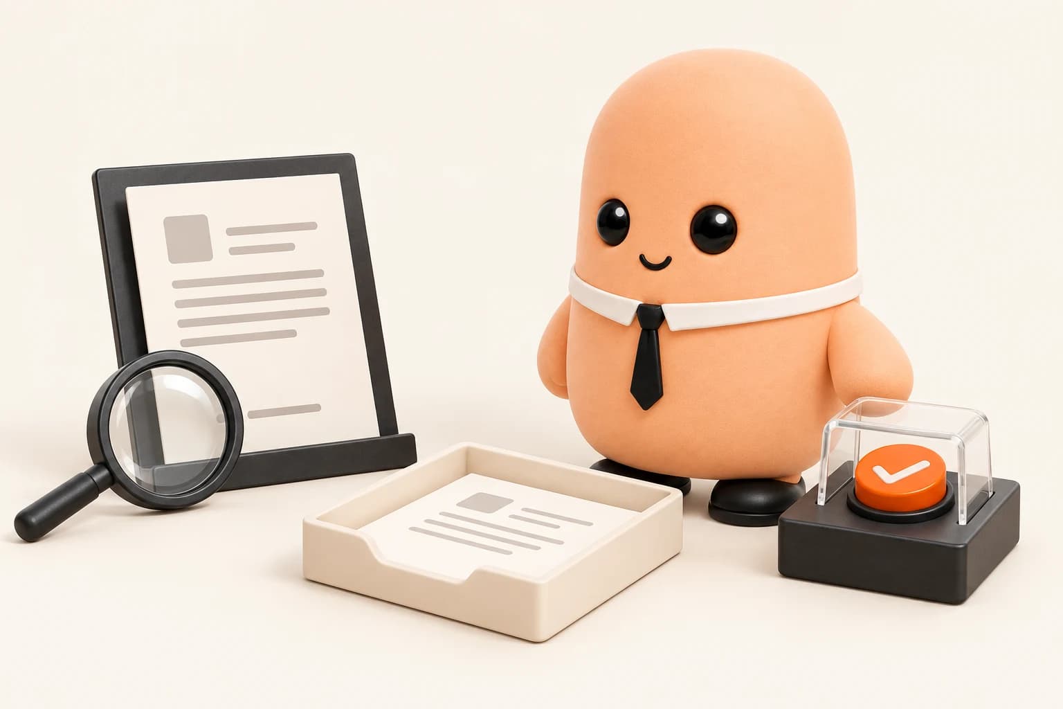 Bob examining a document beside a separate approval button. Reading and changing are two different choices.