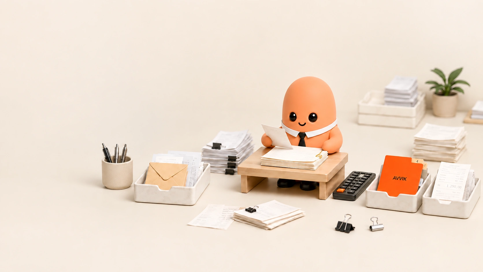 Bob checking accounting documents at a desk with an inbox, exceptions and completed documents
