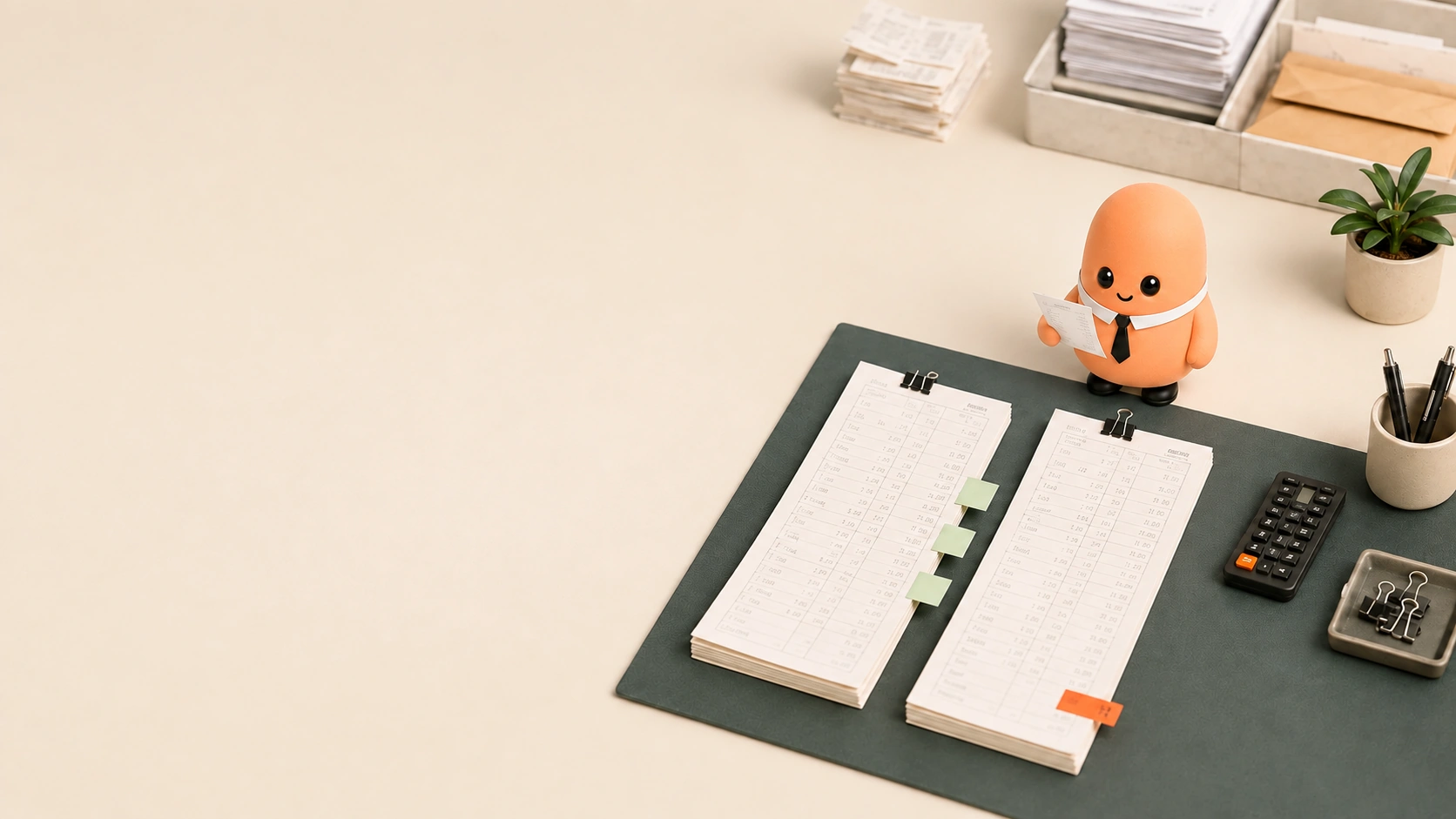 A bank statement and accounting overview side by side, with Bob at the comparison