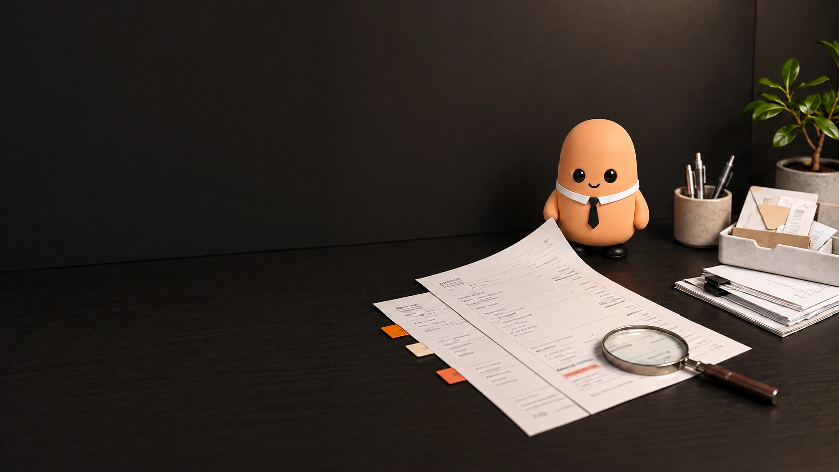 Bob examining an invoice at an illuminated review station on a dark desk